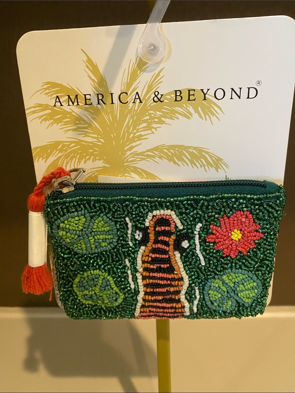 American & Beyond Green Beaded Floral Coin Pouch with Tassel